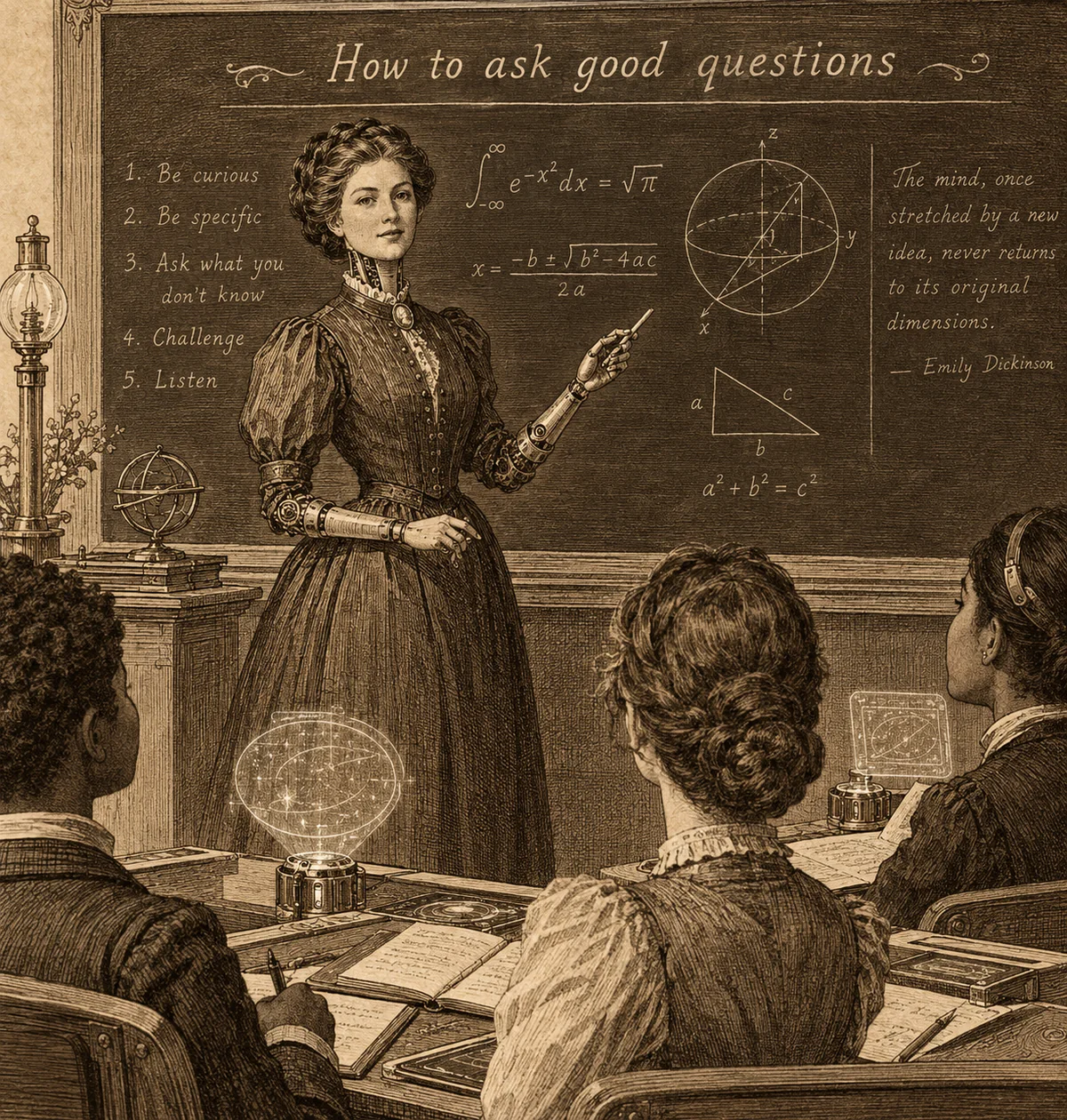 A Victorian-style line drawing of an automaton teacher in a long dress, pointing to a chalkboard headed “How to ask good questions” as her students look on from their desks.
